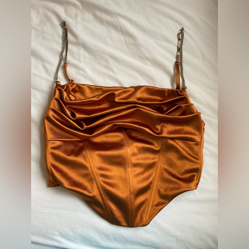RUST ORANGE SATIN SLEEVELESS RHINESTONE SPAGHETTI STRAP DRAPE CROP TOP BLOUSE